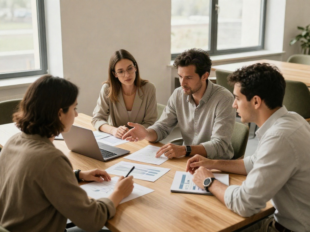 A collaborative business review with colleagues examining data and strategic priorities